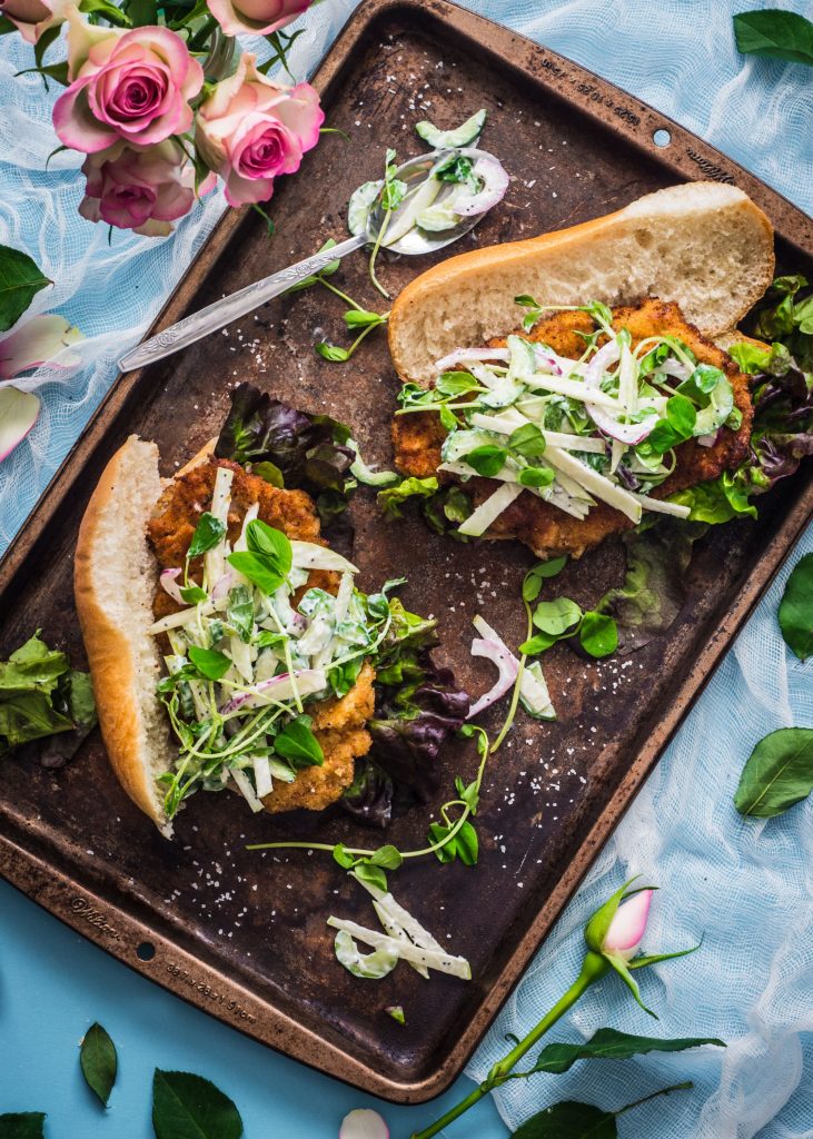 Pork Schnitzel Sandwiches with Granny Smith Slaw Rhubarb & Cod