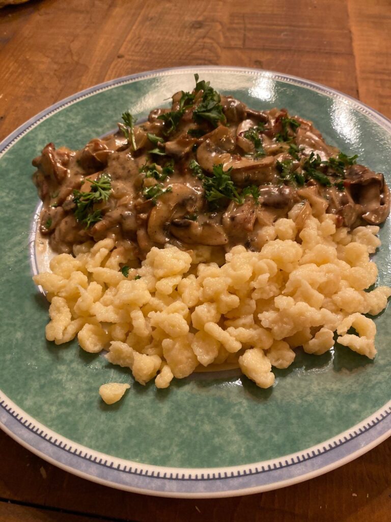 German hunter style pork schnitzel with mushroom gravy (Jägerschnitzel
