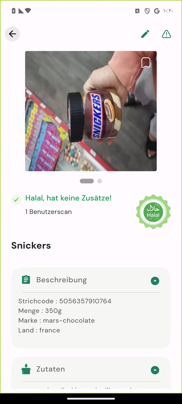 Produktseite in Halalk mit Strichcode, Menge, Marke und Herkunftsland