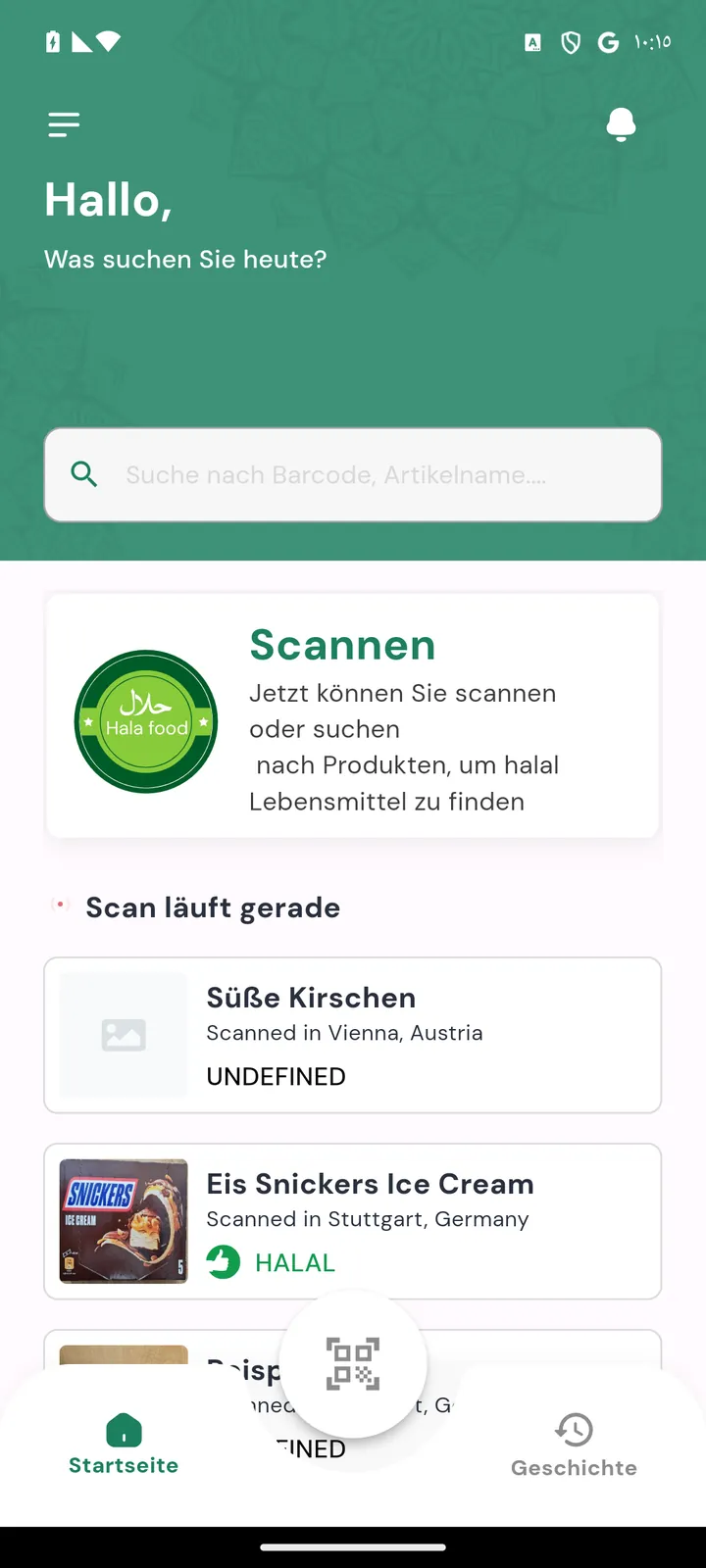 Startseite von Halalk mit Suchfeld und Feed laufender Scans aus Wien und Stuttgart