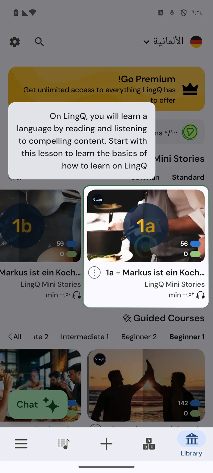 LingQ Bibliothek mit deutschen Mini Stories und geführten Kursen von Beginner 1 bis Intermediate 2