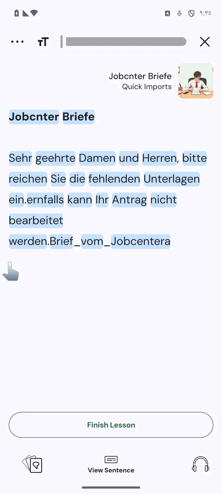 Importierter deutscher Behördenbrief als LingQ-Lektion mit antippbaren Wörtern