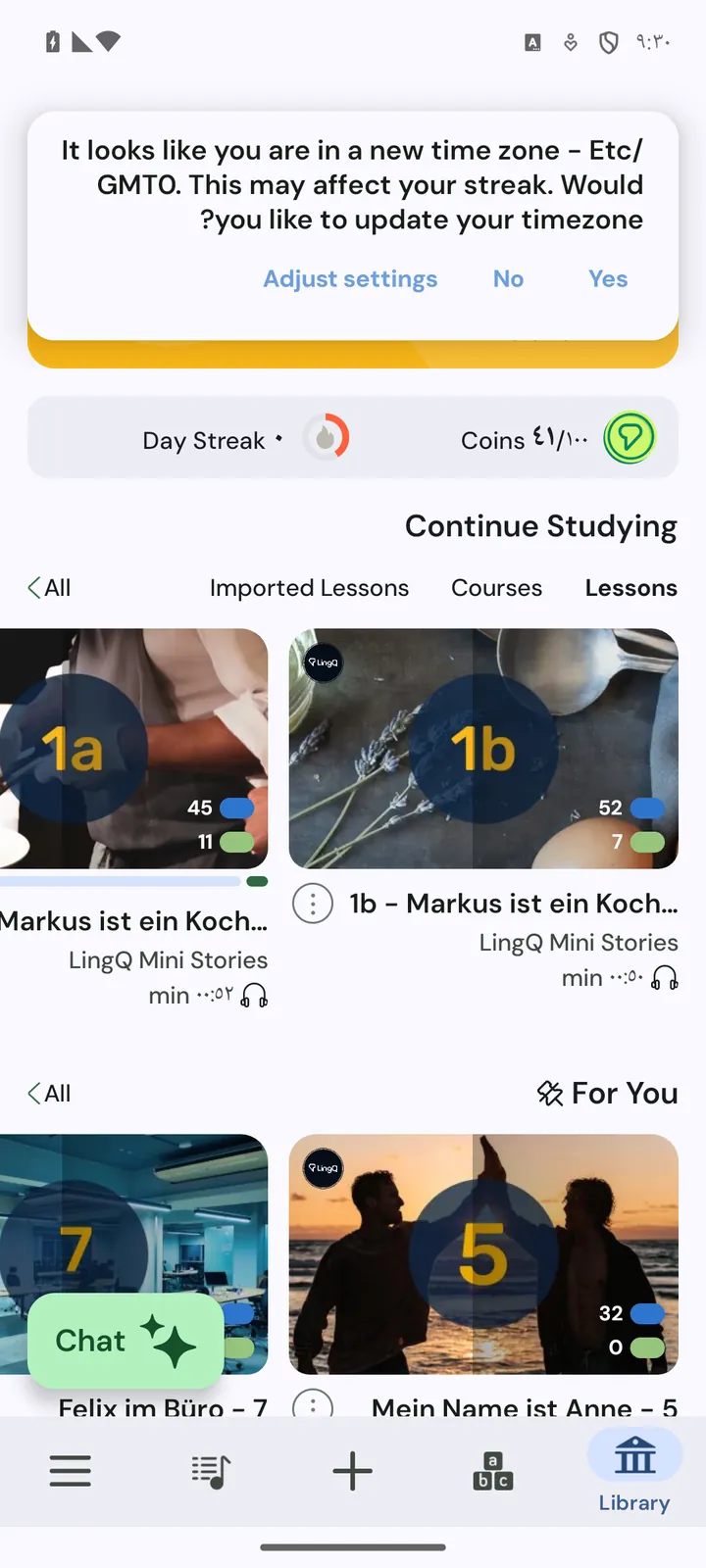 LingQ Startseite mit Coins-Zähler, Tagesserie und Premium-Hinweis